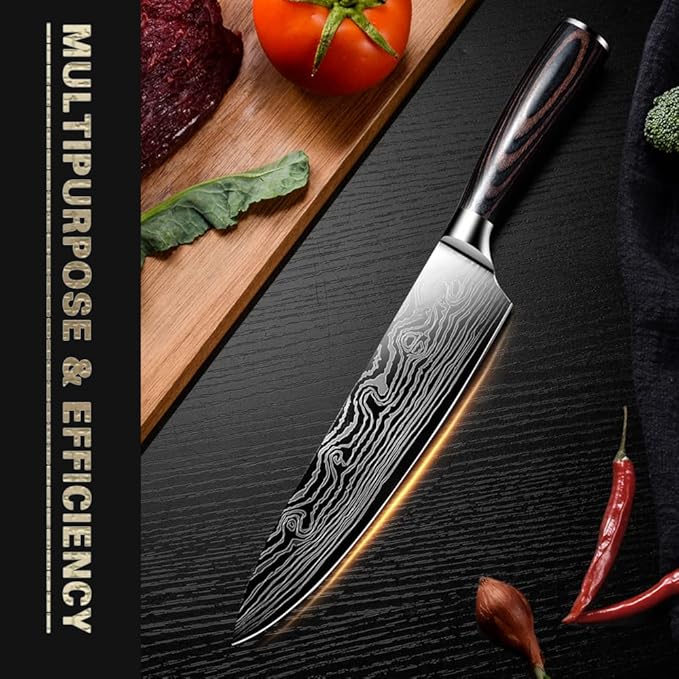 Cuchillo de chef, cuchillo de cocina de 8 pulgadas, cuchillo de chef profesional japonés AUS-10V súper acero inoxidable con mango ergonómico, cuchillo de cocina afilado duradero con caja de