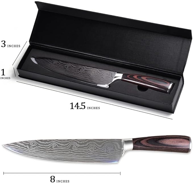 Cuchillo de chef, cuchillo de cocina de 8 pulgadas, cuchillo de chef profesional japonés AUS-10V súper acero inoxidable con mango ergonómico, cuchillo de cocina afilado duradero con caja de